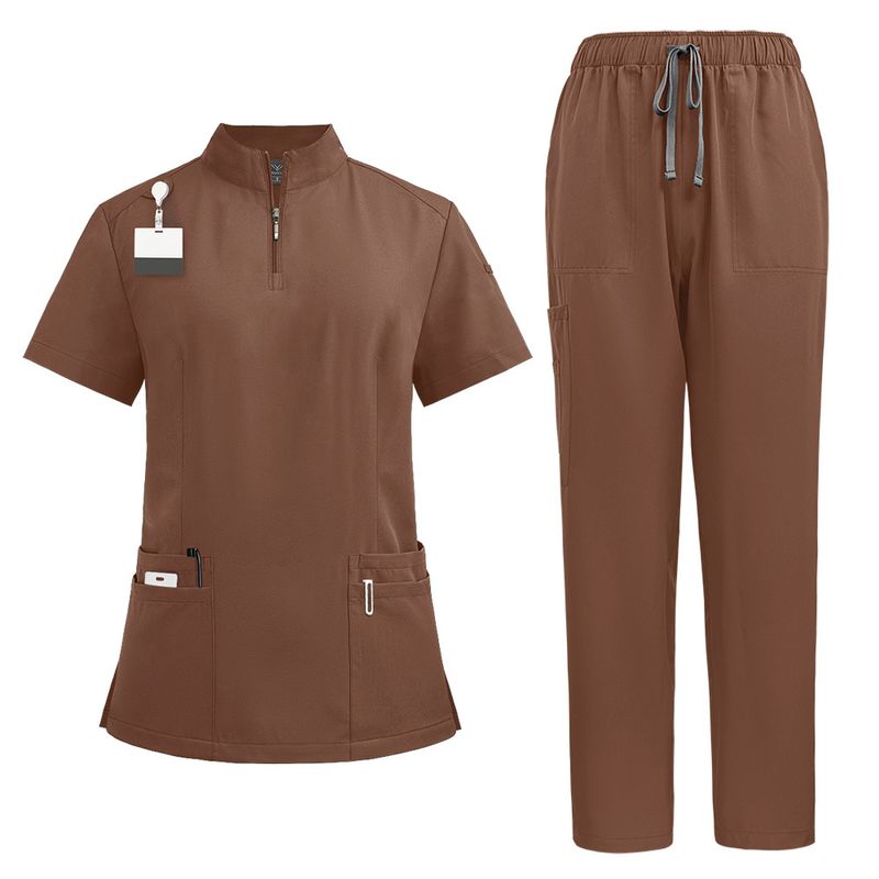 Haine de lucru pentru doctor și asistentă medicală, guler înalt, fermoar, haine chirurgicale, spălat manual, pantaloni drepți, culoare solidă_voghion.com