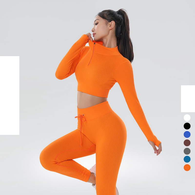Women's Customized new yoga suit two pieces sexy fitness clothes sports long-sleeved striped solid color high waist striped trousers_voghion.com