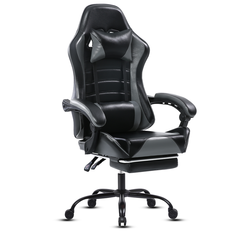Ergonomischer Gaming-Stuhl mit Fußstütze, PU-Leder, Grau, groß und hoch, 360° drehbar, verstellbare Neigung (90–155°), für Erwachsene, Verwendung im Büro/am Schreibtisch_voghion.com