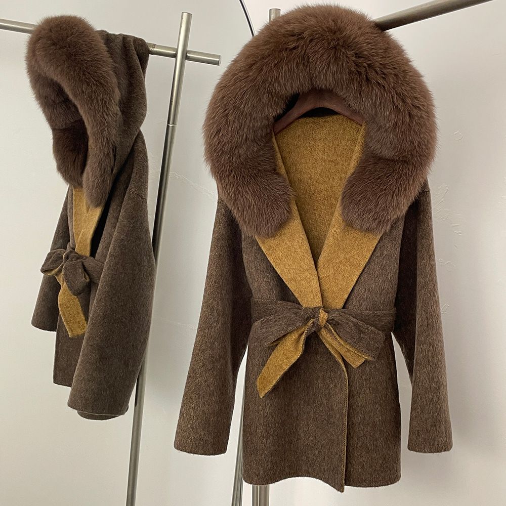 Luxury Dual-Tone Cashmere Blend Coat With Fox Fur Trim – Timeless Elegance For Metropolitan Women (70% Wool, Adjustable Belt, Hooded)_voghion.com