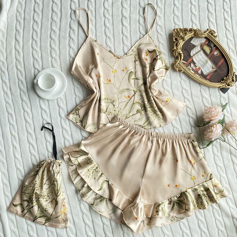 Women's Sleepwears Simulated Silk Pajamas Two Piece Set Fashion Printed Shorts Home Clothes Set Sexy Suspender Skirt_voghion.com