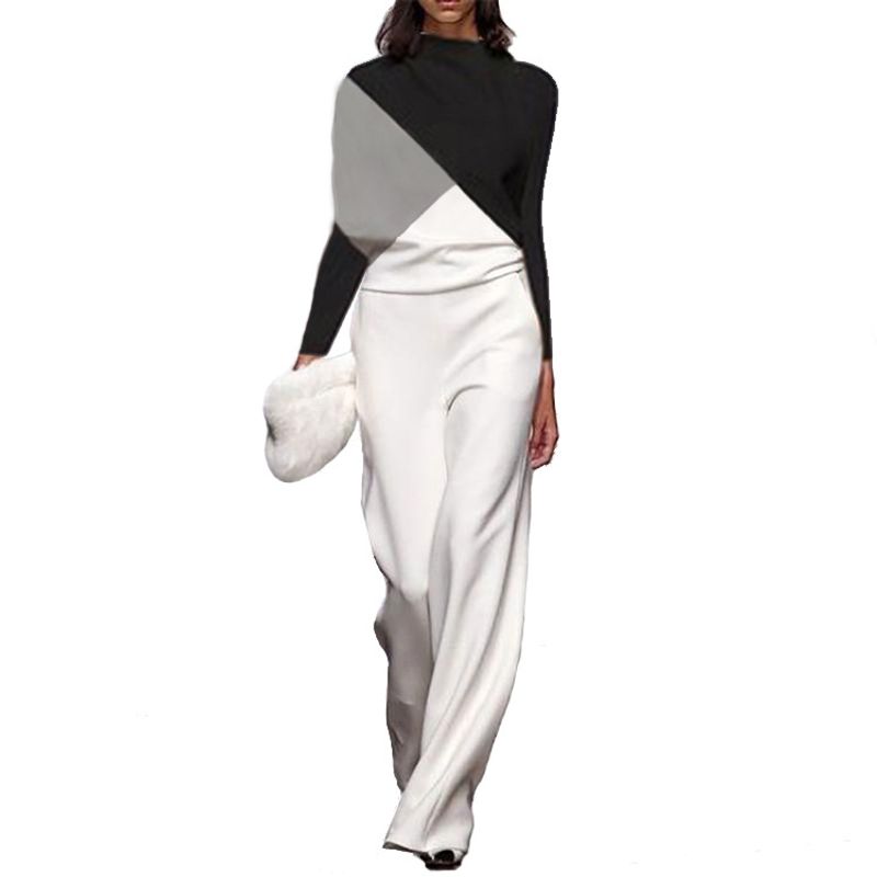 Damkläder Svart och vit Långärmad Creative Jumpsuit_voghion.com