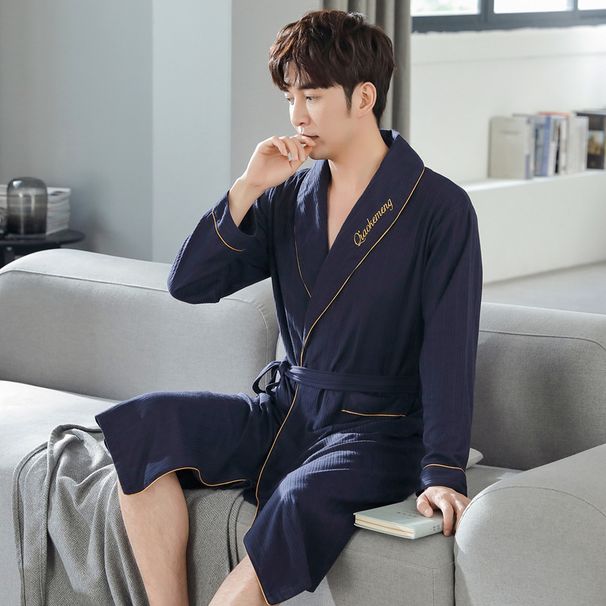 Meeste sügistalvised puuvillased pikkade varrukatega pidžaamad lahtised suur kampsun ruuduline keskmise pikkusega hommikumantel koduriided_voghion.com