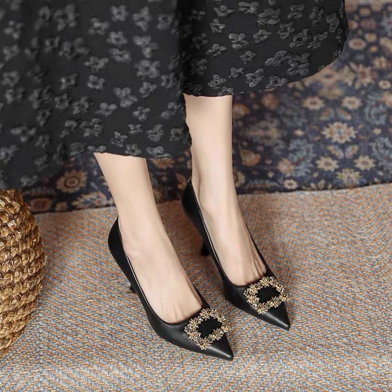 Black High-heeled New Plus Size Women's Shoes, Not Tiring For Feet. 3cm 5cm Rhinestone French Pointed Work Order Shoes_voghion.com