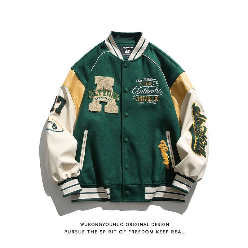 Veste de baseball brodée en serviette rétro pour hommes, nouvelle veste de printemps et d'automne ample et polyvalente avec lettres brodées pour hommes_voghion.com