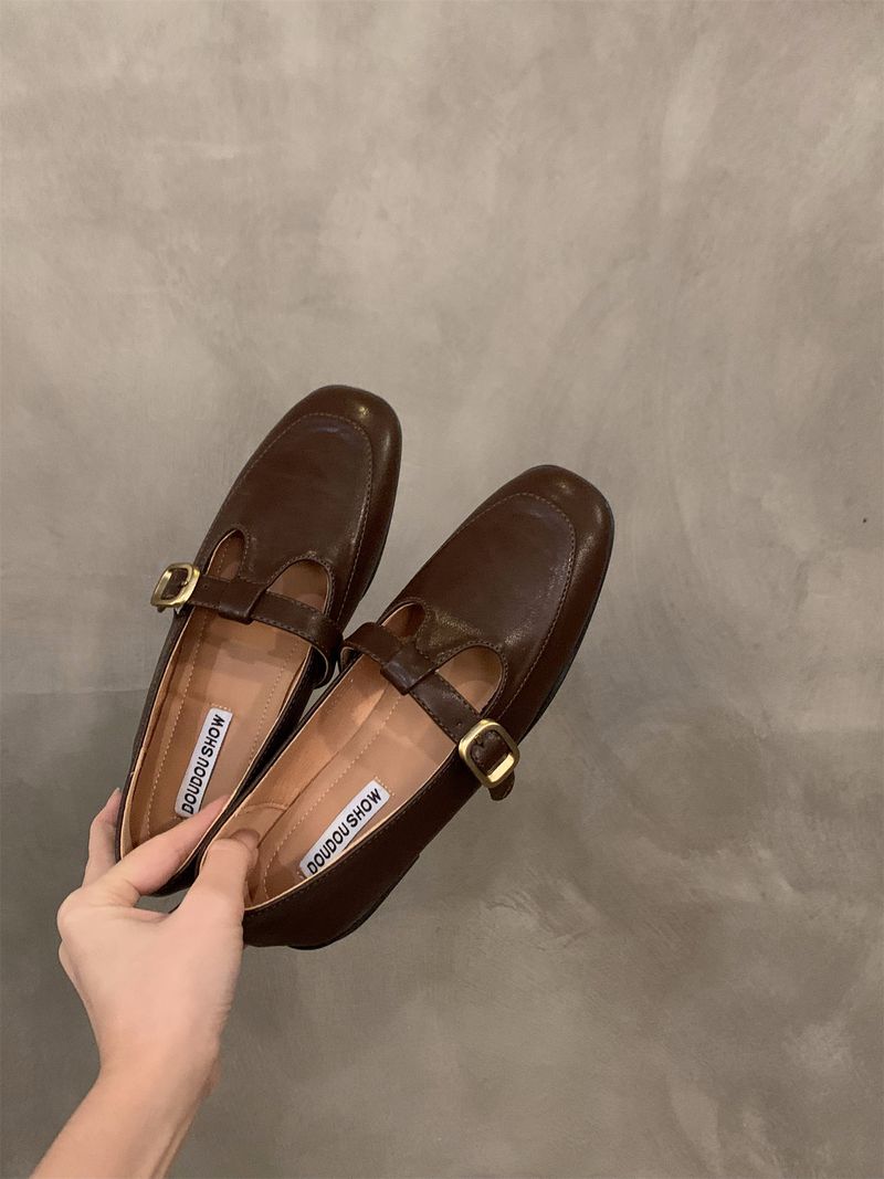 Pantofi mici din piele cu vârf pătrat plat pentru femei_voghion.com