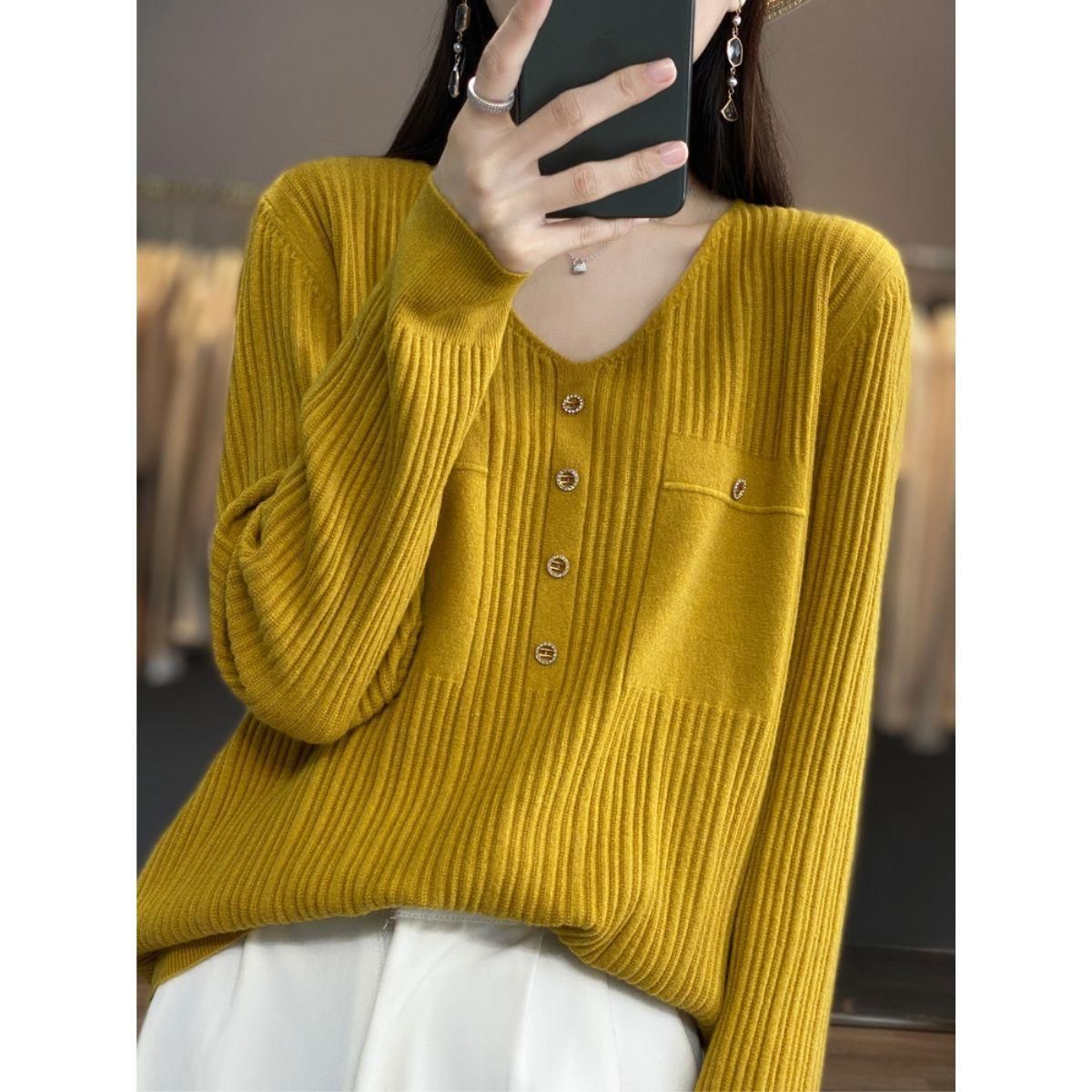 【 Cashmere Family】 Maglione con cappuccio e scollo a V, stile corto, temperamento sciolto, maglione di base in lana, maniche lunghe da donna_voghion.com