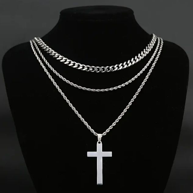Nuova collana in acciaio al titanio con ciondolo a croce a doppio strato con catena cubana a forma di serpente intrecciato in acciaio inossidabile_voghion.com