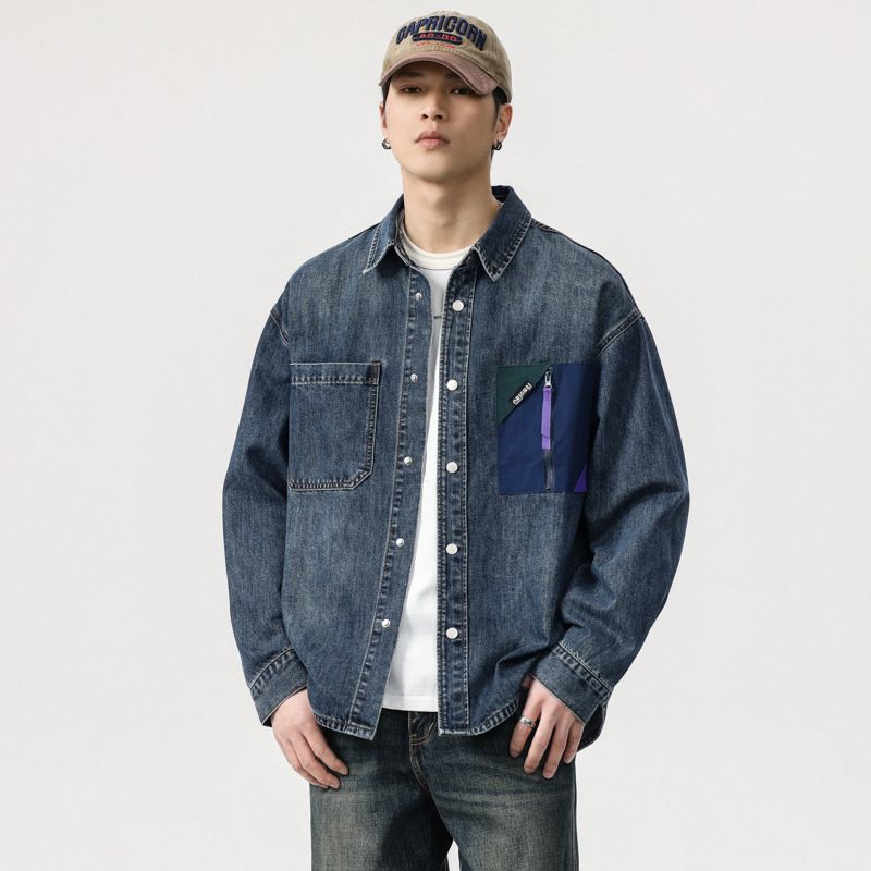 Hochwertiges Jeanshemd mit Farbblockierung und Umlegekragen für Herren, blauer, lockerer Arbeits- und Freizeitjackenmantel_voghion.com