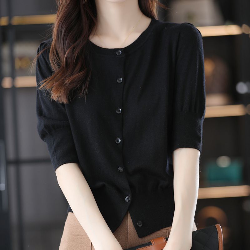 2203 Spring and Summer New Solid Color Knitted Cardigan Women's Outerwear Regular Edition Round Neck Sweater Coat_voghion.com