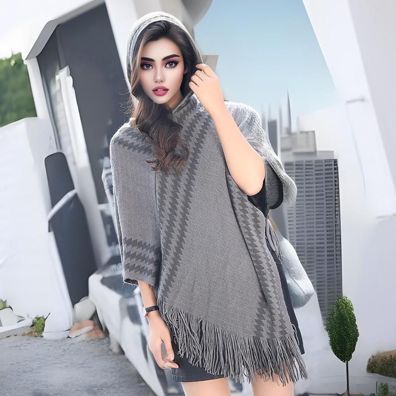 Hooded Shawl Jacket Women's Scarf Wholesale Knitted Pullover Cape Shawl Fringed Sweater Jacket White_voghion.com
