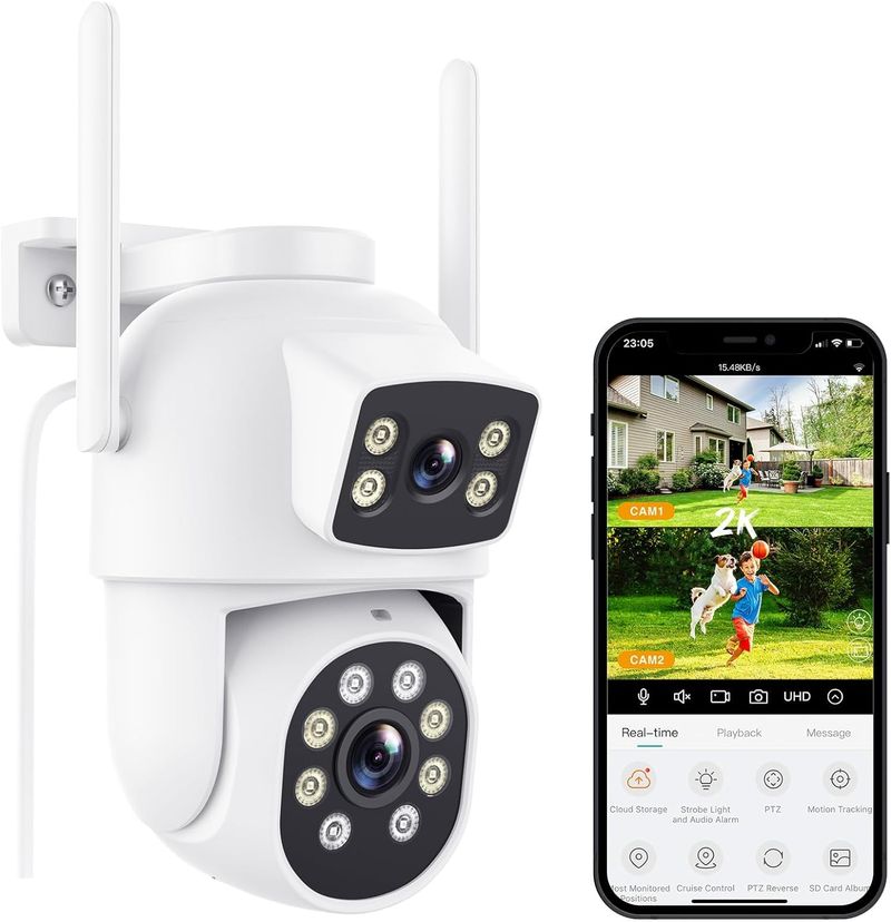 Venkovní bezpečnostní kamera s dvojitým objektivem, 2,5K/6MP WiFi venkovní kamery pro zabezpečení domácnosti s automatickým sledováním, detekcí osob, barevným nočním viděním do 30 m_voghion.com