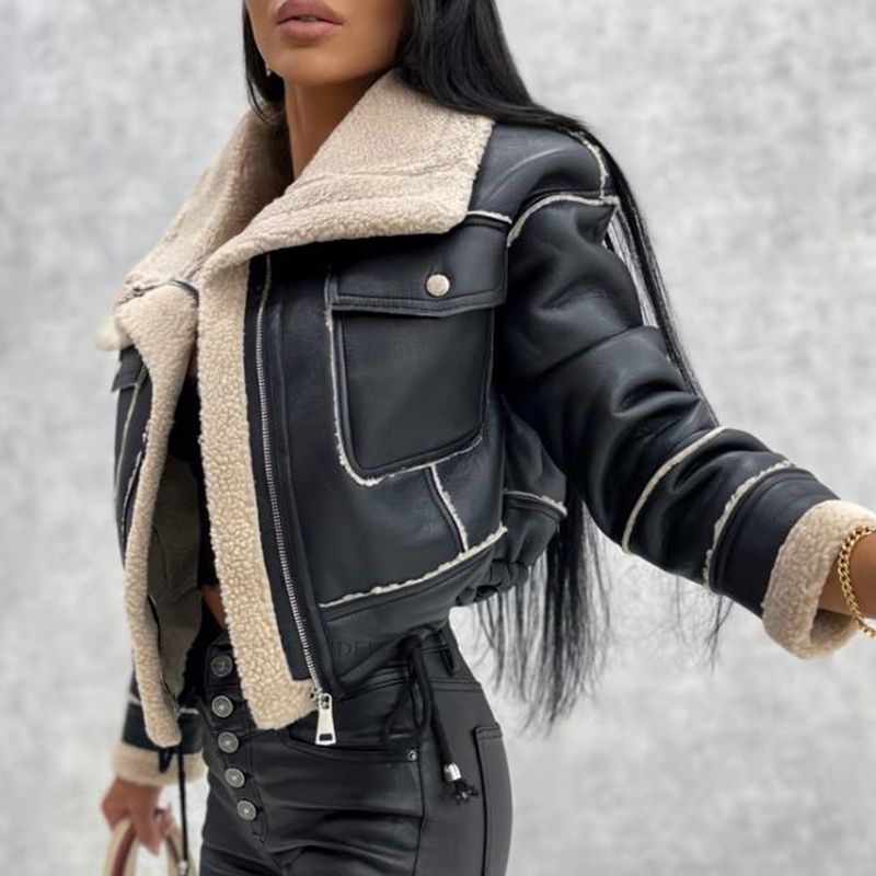 Giubbotto bomber da donna in pelle sintetica con collo in pelliccia sintetica, giacca corta stile motociclista con cerniera per abbigliamento streetwear autunno/inverno_voghion.com