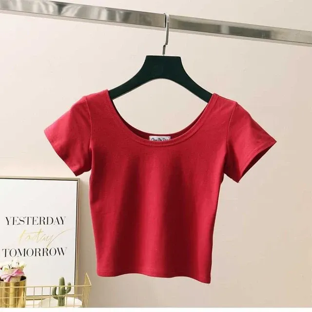 hett säljande 11 färger Solid Crop Top Dam T-shirt Beskuren Smal Hög midja Kort ärm Basic Sommarkläder Toppar Kvinna Gratis_voghion.com