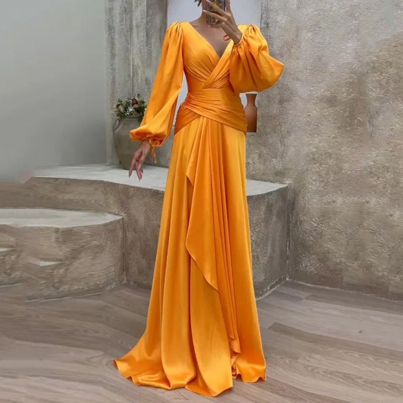Damenbekleidung Sommer neues plissiertes langärmeliges schlankes Kleid_voghion.com