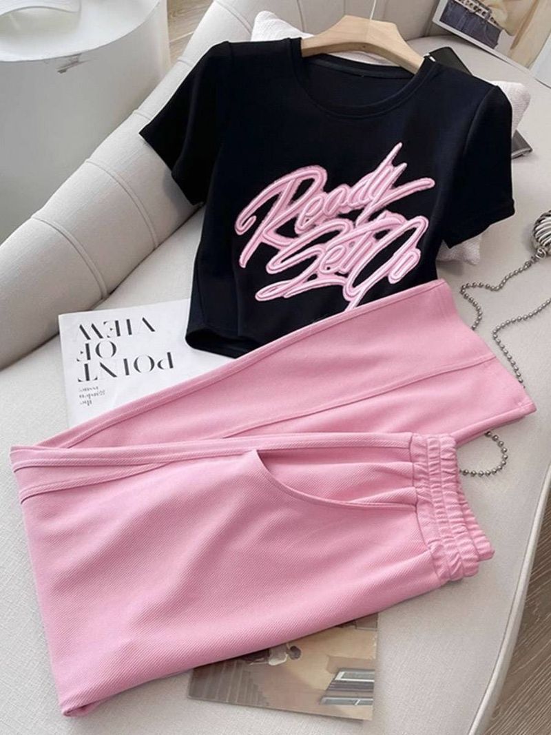 Vêtements pour femmes, haut slim élégant, pantalon large rose, look preppy deux pièces_voghion.com
