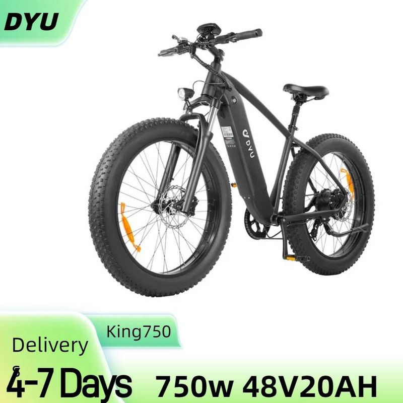 Bicicleta elétrica DYU King750 para adultos, 750 W, 26" pneu largo, bicicleta de montanha elétrica com bateria removível de 48 V 20 Ah, amortecedor duplo de 7 velocidades_voghion.com