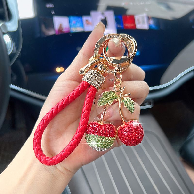Creative Alloy Inlaid Diamond Fruit Color Block Small Cherry Car Keychain New Bag Decoration Pendant_voghion.com