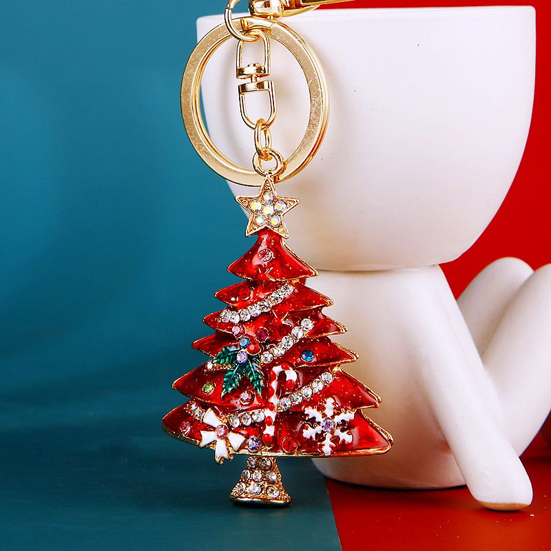 Diamond studded Christmas tree car metal cute couple bag pendant keychain ring small gift_voghion.com