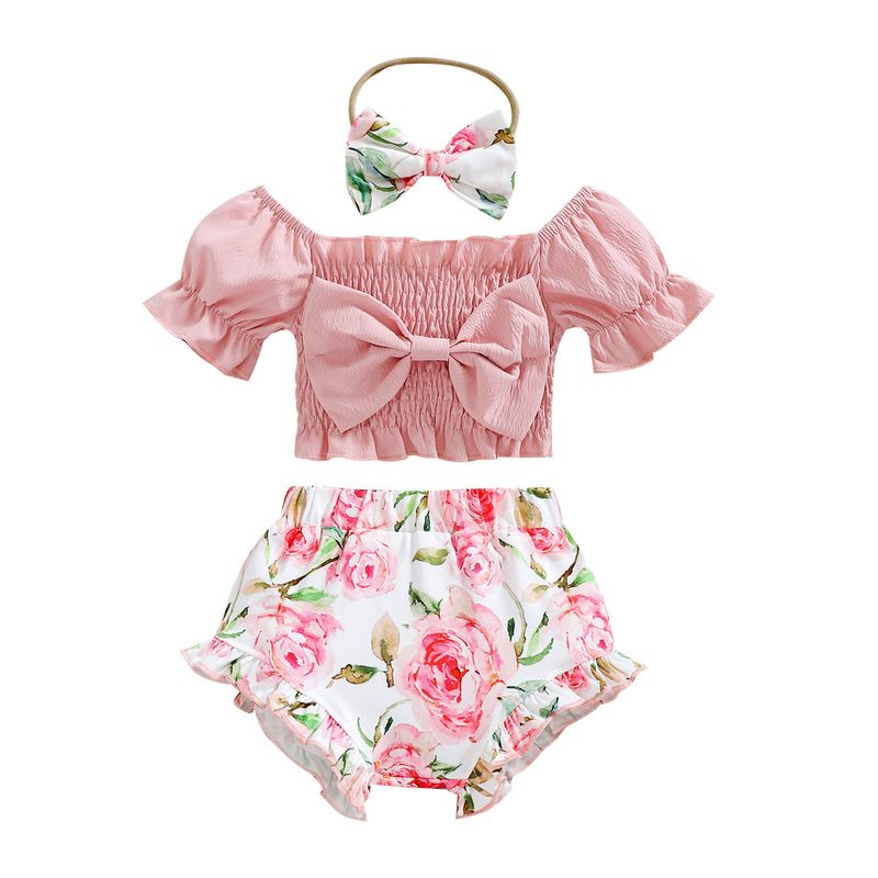 Children's Clothing Summer Little Kid Princess Bubble Sleeve Bow Top Fragmented Flower Shorts Girl's Set_voghion.com