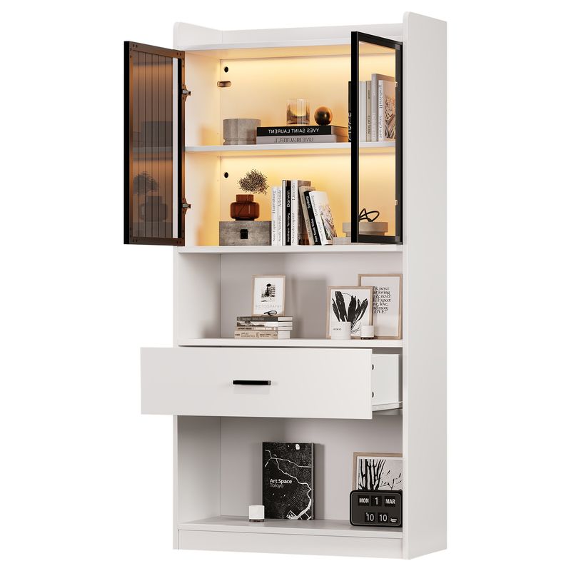 Curio Vitrine Mit Licht, Aufbewahrungsregale Mit Pop-up Glastüren, 1 Große Schubladen & 16 Farben Licht, Sammlerstücke Schrank Display Regal, Bücherregal Vitrine Für Wohnzimmer, Weiß, Schwarzer Fenste_voghion.com