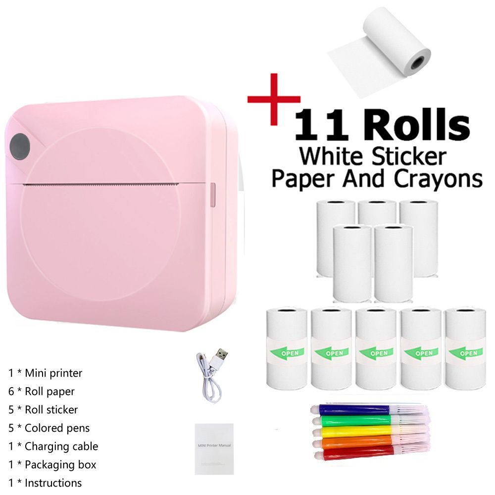 Mini impressora de bolso portátil sem fio BT impressora térmica fotográfica, impressão sem tinta presente estudo notas etiqueta recibo com 11 rolos de papel_voghion.com
