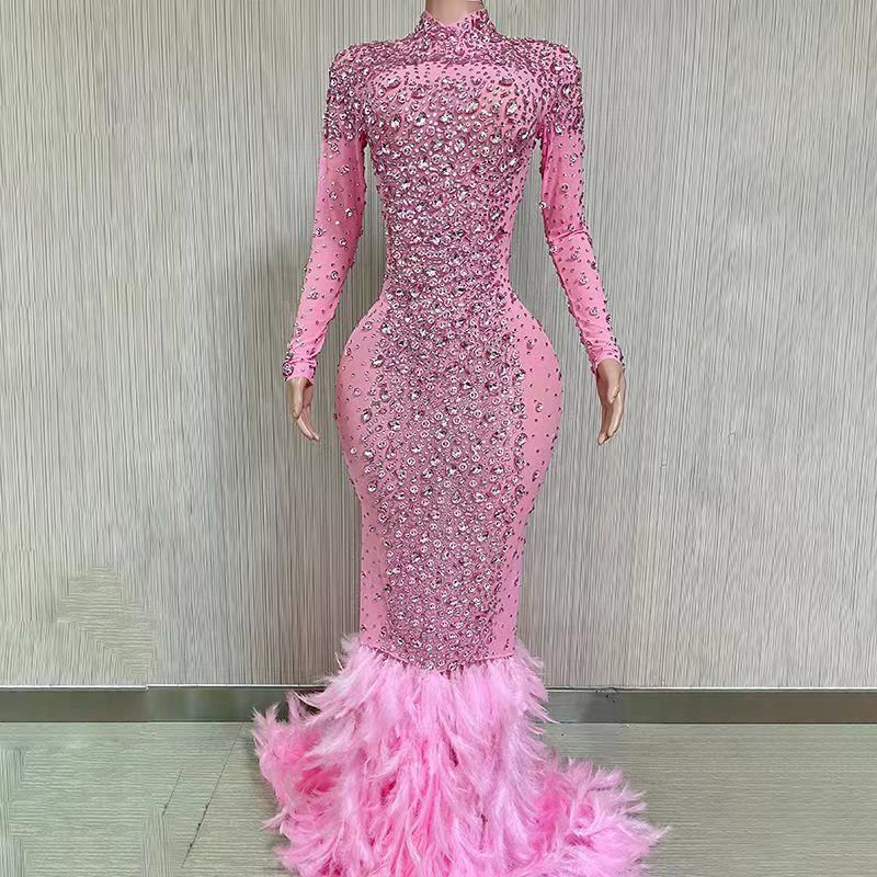 Royal Violet Evening Gown - Stretch Spandex Long Sleeve Dress With Crystal Embroidery, High Waist & Train (Stage To Gala)​_voghion.com