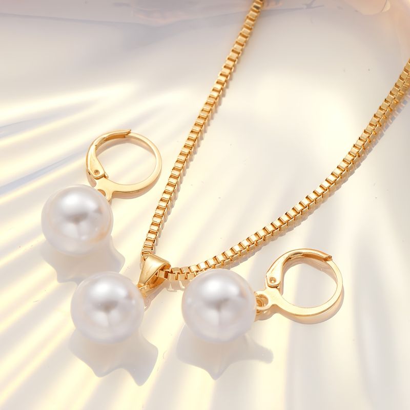 Süßes Perlen-Anhänger-Halsketten-Ohrring-Set für Frauen, Schmuckset für Bräute und Hochzeit_voghion.com