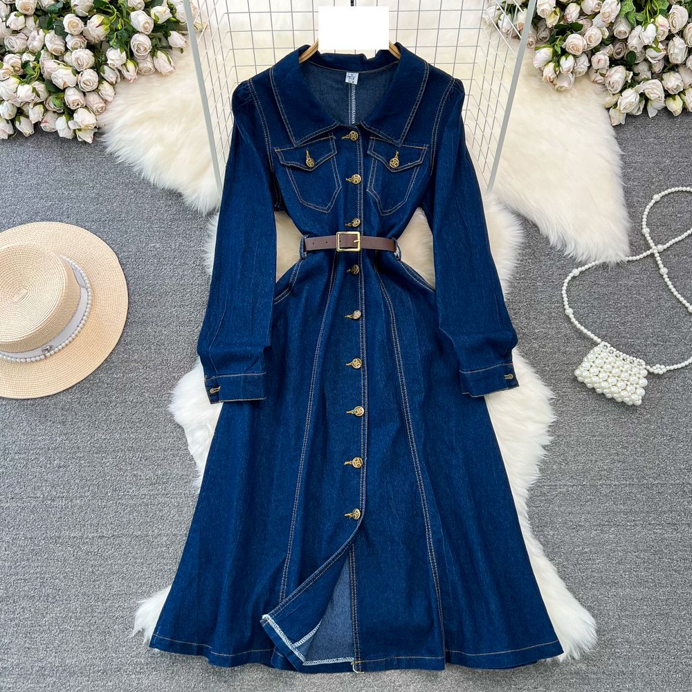 Dametøj Forår og efterår version af dame temperament langærmet revers talje slank enkeltradet A line skjorte denim kjole_voghion.com