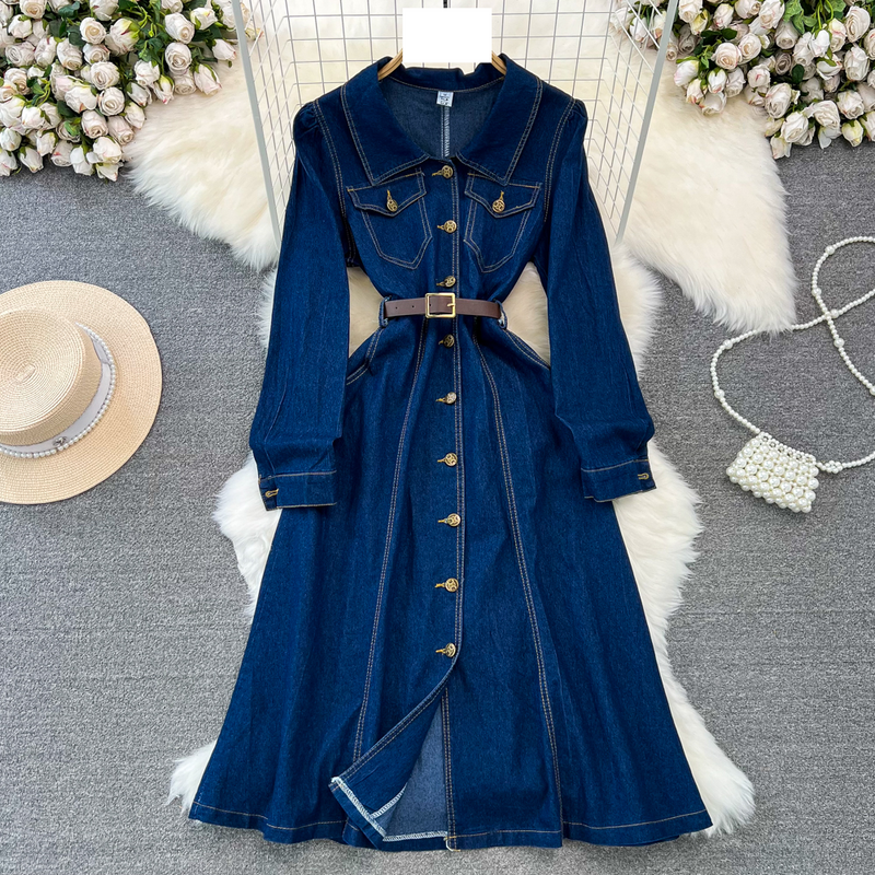 Ropa de mujer Versión de primavera y otoño de la dama temperamento manga larga solapa cintura delgada botonadura simple camisa de línea A vestido de mezclilla_voghion.com