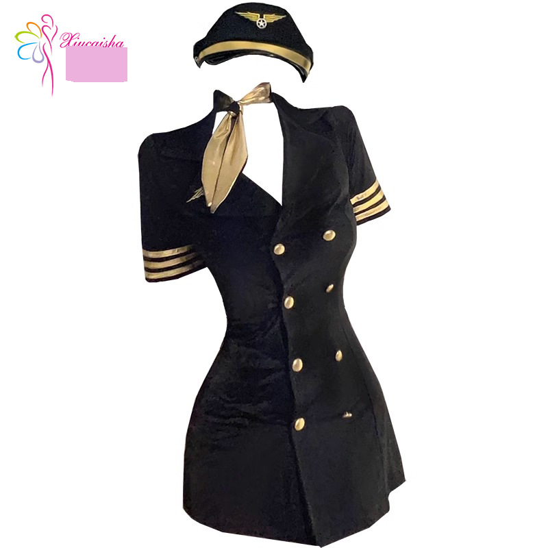 Sexy Stewardess Role Play Lingerie Set - Seductive Bodycon Dress With Hat & Tie, Easy Access Design For Passionate Nights_voghion.com