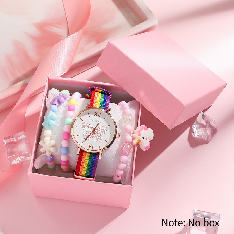 Orologi per bambini in acrilico, bracciale con perline colorate fatte a mano per bambini + orologio a farfalla con nastro, set da 4 pezzi_voghion.com