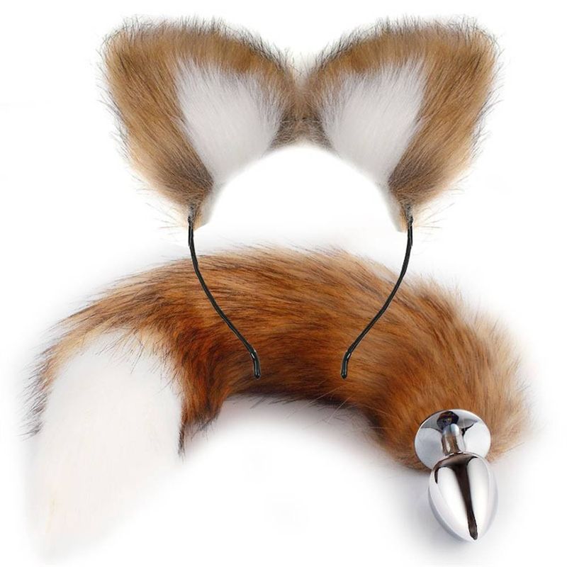 3 In1 Anal Plug, Metal Backyard Plug Adult Sex Toy Games W/ Sexy Artificial Fox Tail Ear Clip Role-playing Set, Butt Plug For Adult Couples Lovers_voghion.com