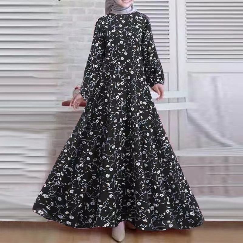  Gonna lunga ampia a maniche lunghe con abito retrò floreale da donna_voghion.com
