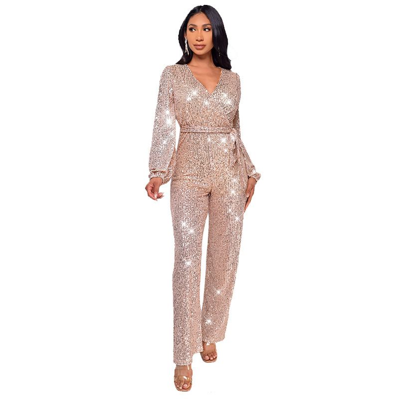 Vêtements pour femmes INS style combinaison décontractée à manches longues avec ceinture et paillettes_voghion.com