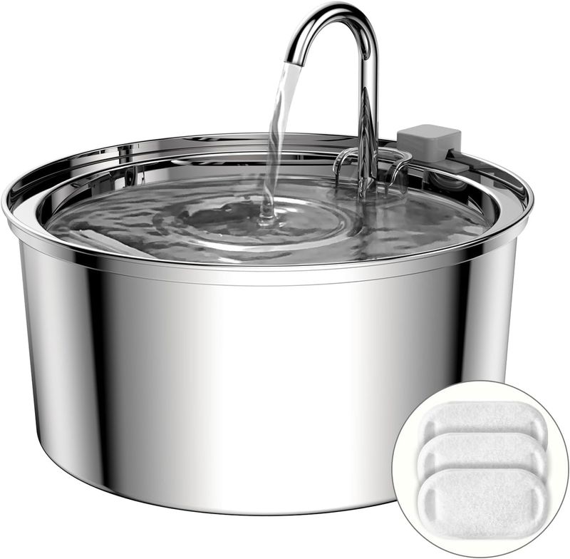 Fontaine à eau pour chat Tomxcute, distributeur d'eau automatique en acier inoxydable pour animaux de compagnie, 3,2 L/108 oz, pompe ultra-silencieuse et 3 filtres de rechange._voghion.com