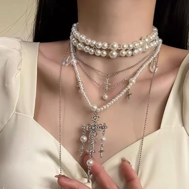 Exaggerated Multi-layer Stacked Pearl Cross Necklace High-end Elegant Versatile Light Luxury Choker Women's Collarbone_voghion.com