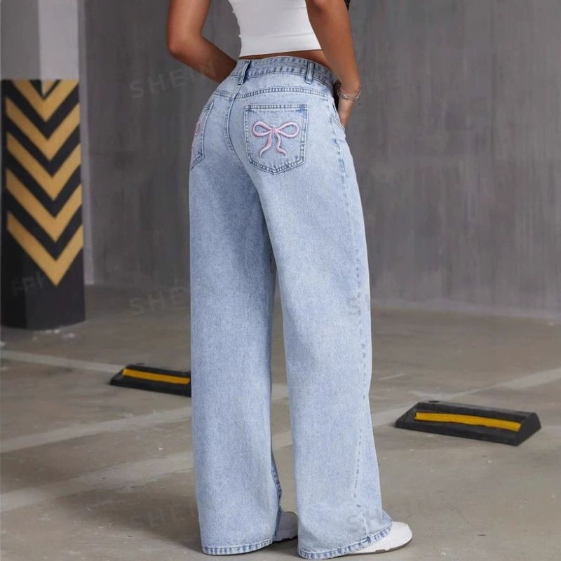 Roupas femininas Retro Bow Bordado Jeans Lavado Calças femininas Soltas Diretas Doces E Picantes_voghion.com