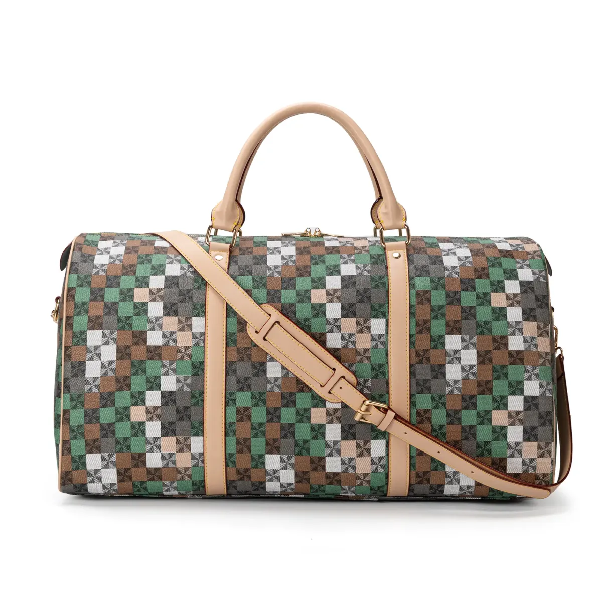 Designer Bag Free Shipping Geometric Checkered Duffle Bag With Adjustable Strap And Top Handles_voghion.com