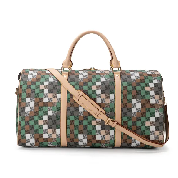Designer Bag Free Shipping Geometric Checkered Duffle Bag With Adjustable Strap And Top Handles_voghion.com