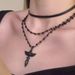 Collier pendentif croix aile cristal cuir ensemble trois pièces chaîne de clavicule de style sombre conception de niche Sense Choker pour_voghion.com