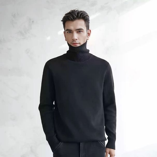 Maglione da uomo slim fit a collo alto - Caldo pullover invernale in maglia con tessuto elasticizzato traspirante, orlo a coste classico_voghion.com