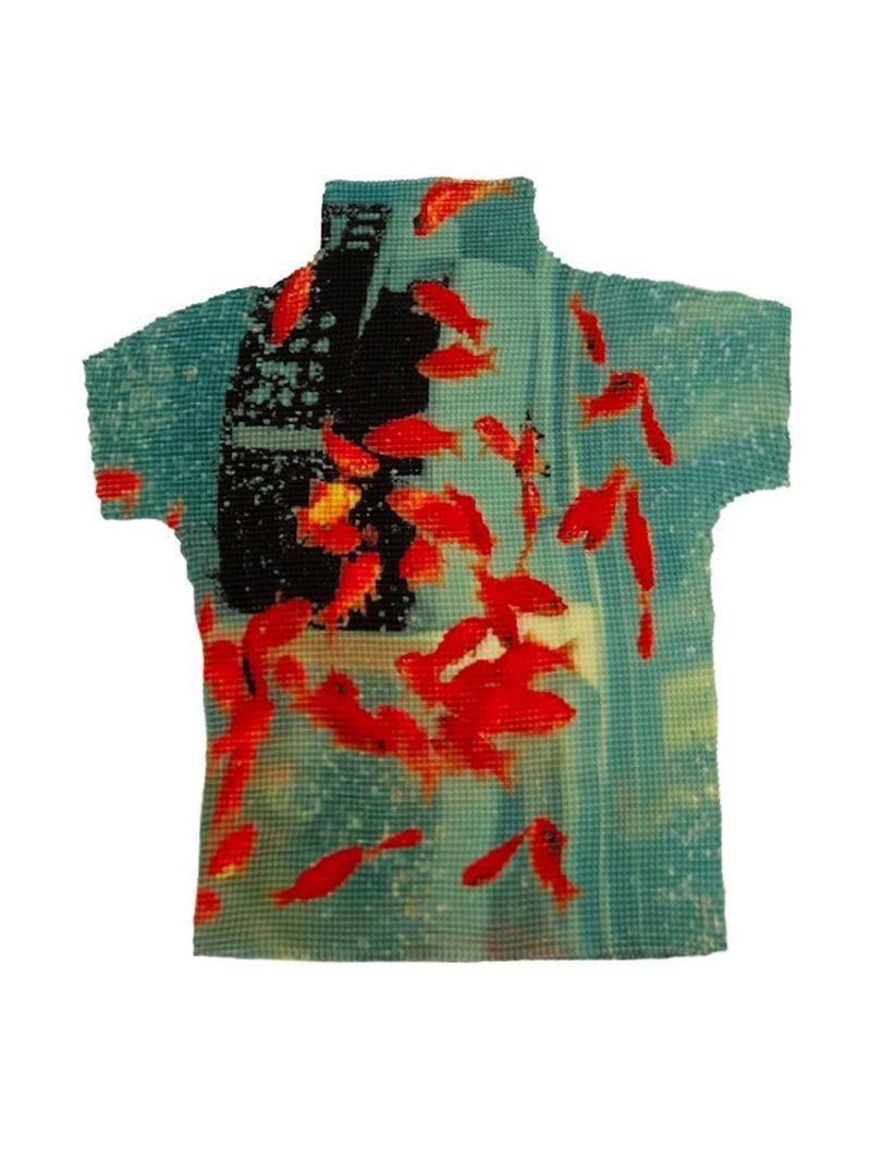 Damenbekleidung Hot Girl Plissee-Strick-Kurzarm-T-Shirt Weiblich Retro Goldfisch-Print Halbhoher Kragen Schlankes Stretch-Oberteil_voghion.com