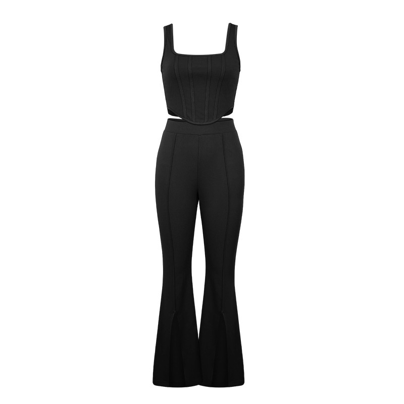 Women's solid color temperament commuter sleeveless vest with slit bottoms fashion casual two sets_voghion.com
