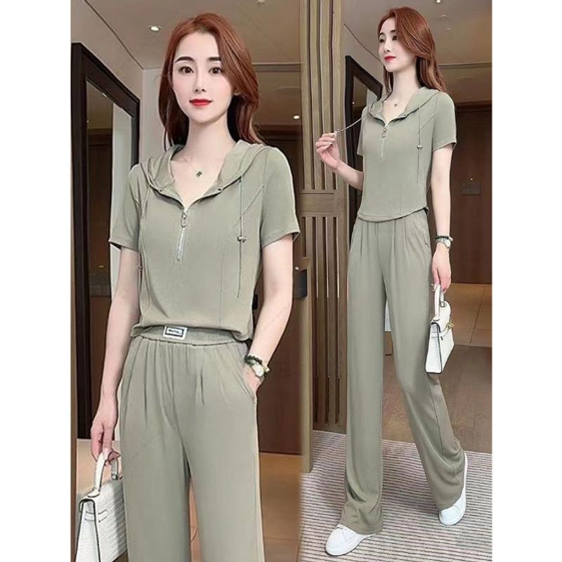 Casual Sports für Damen Sommerausgabe 2025 Neue modische Western-Stil Show Dünne Ice Silk Wide Leg Pants Zweiteiler_voghion.com