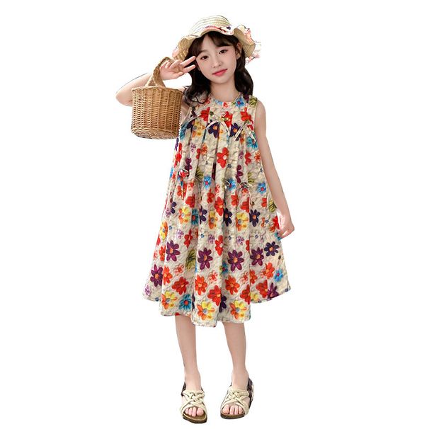 Sommergeschenk Strohhut Kleid für Mädchen 2024 neue koreanische Version mittelgroße Kinder Blumenweste dünner Rock_voghion.com