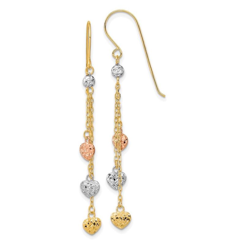 14k Tri-color D/C Triple Heart Dangle Shepherd Hook Earrings_voghion.com