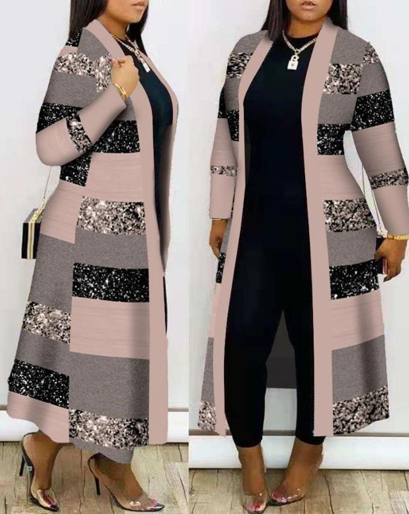 Abrigo mujer invierno 2022 Colorblock estampado a rayas frente abierto palangre Casual diario abrigo de manga larga_voghion.com