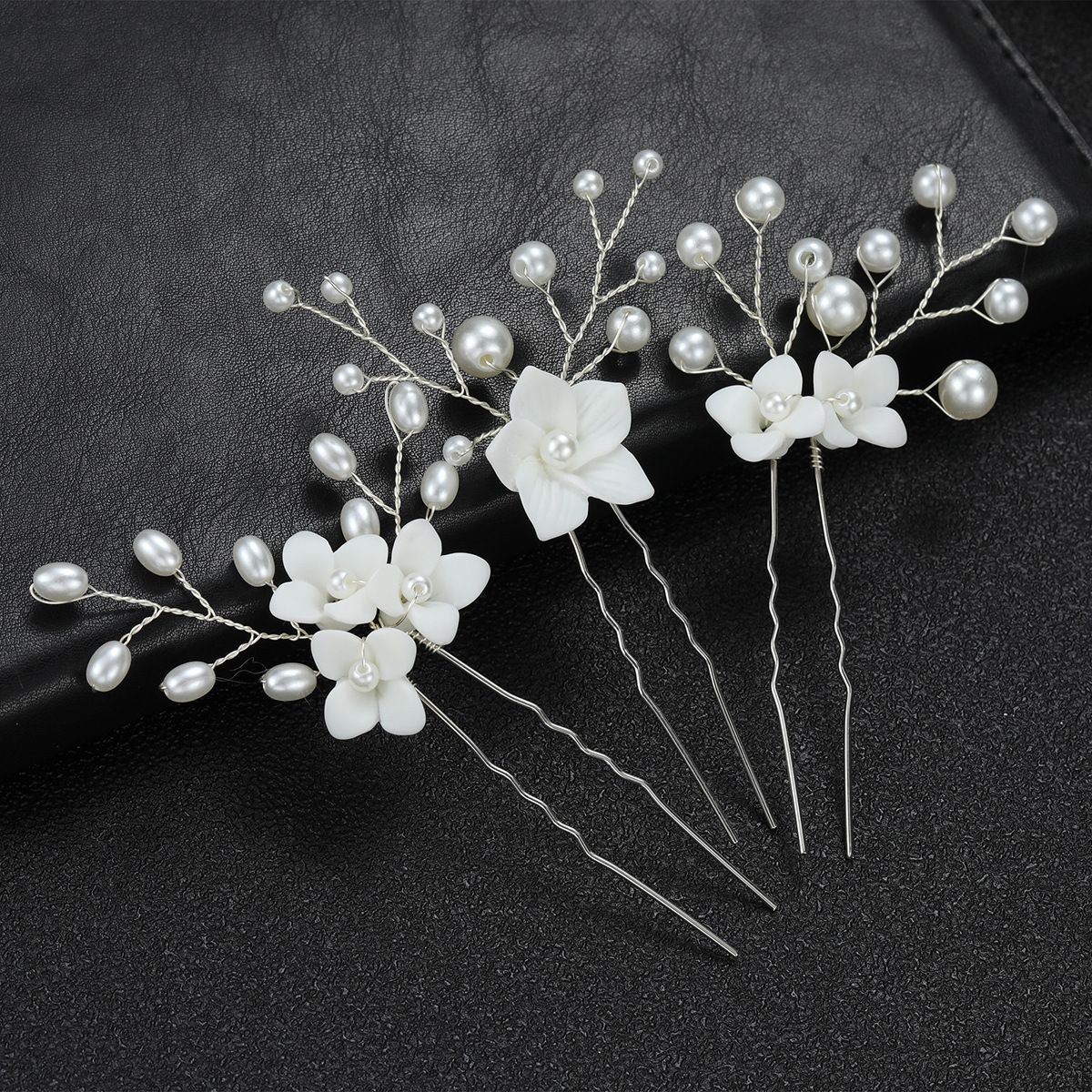 Copricapo da sposa, set di 3 forcine per capelli a forma di U con fiori bianchi in ceramica, vendita diretta in fabbrica oltre confine_voghion.com