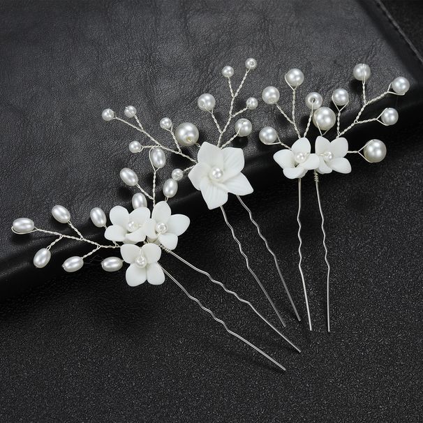 Copricapo da sposa, set di 3 forcine per capelli a forma di U con fiori bianchi in ceramica, vendita diretta in fabbrica oltre confine_voghion.com